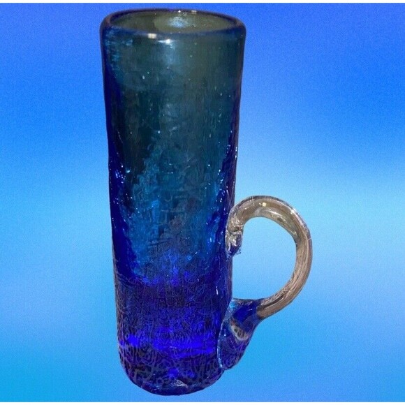 #606 pilgrim Art Glass Benedictine Applied Handle Tall Crackle Blue Shot Glass - Picture 7 of 10